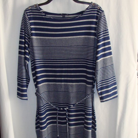 GAP Navy & Gray STRIPED 3/4 Sleeve Jersey Knit T-Shirt DRESS Sz LARGE - Picture 1 of 7